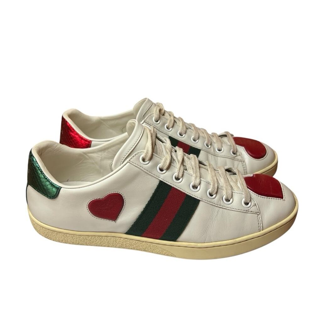 Gucci Ace Hearts Web Stripe Sneakers White Leather Low Top EU 37.5 US 7.5 - Picture 6 of 12